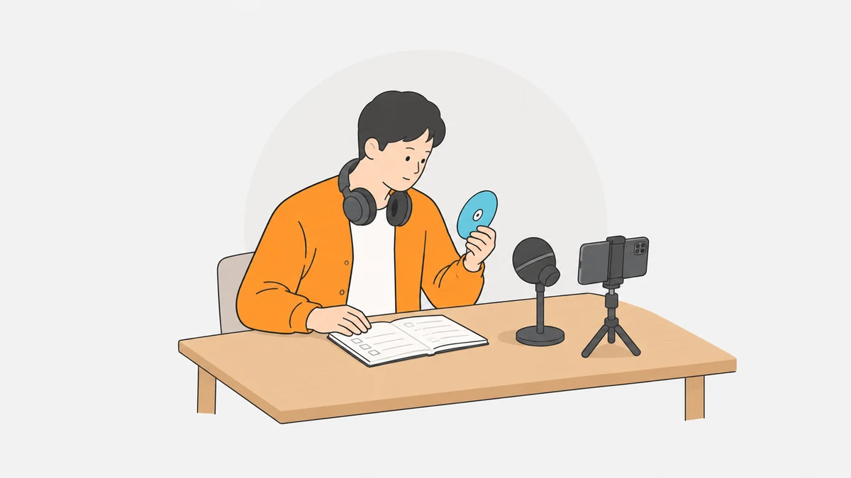 机に向かって座る大人が、片手に音源のディスクを持ち、開いたノートを見て確かめているイラスト。机の奥にマイクと三脚に立てたスマートフォンがある。