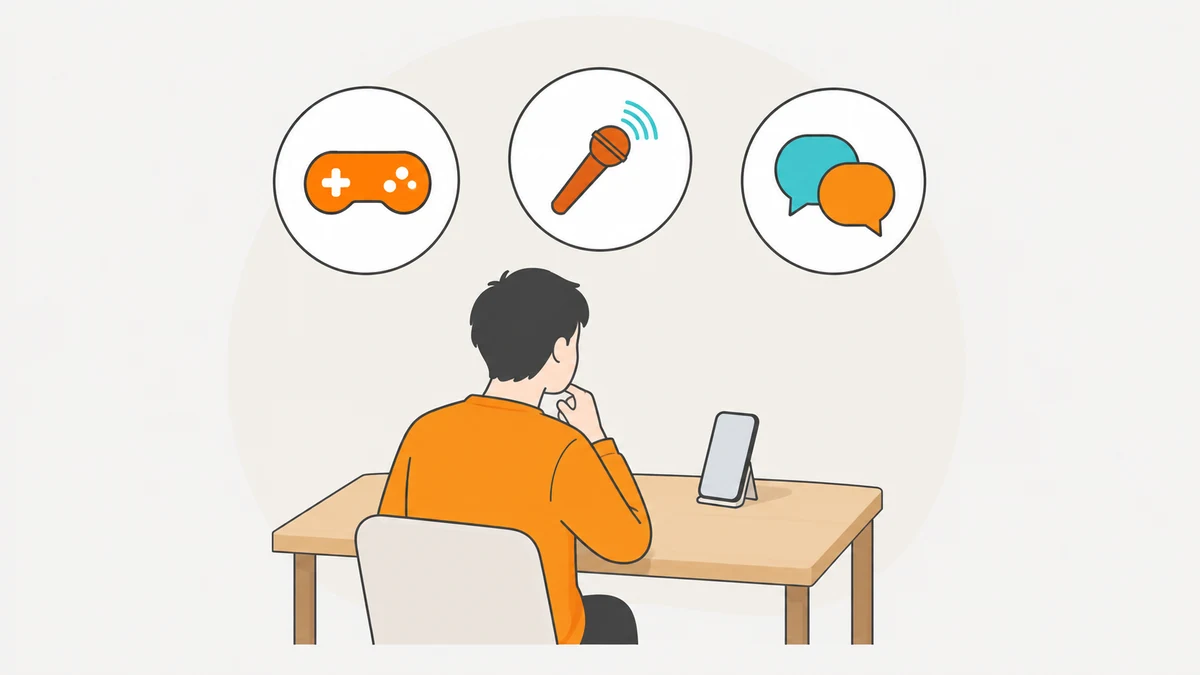スマートフォンを前に考える大人の後ろ姿の上に、ゲームのコントローラー、マイク、吹き出しの3つの丸が並んだイラスト。
